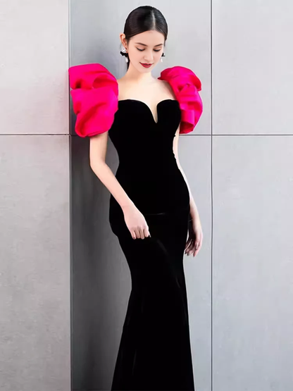 Sexy Mermaid Floor Length Backless Black Velvet Prom Dresses