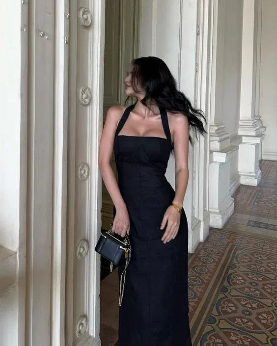 Sexy Mermaid Halter Sleeveless Party Dresses Slit Black Ankle Length Prom Dresses