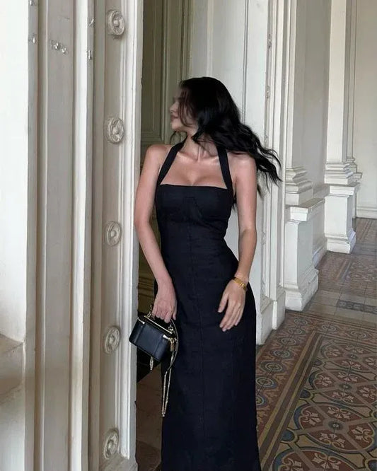 Sexy Mermaid Halter Sleeveless Party Dresses Slit Black Ankle Length Prom Dresses