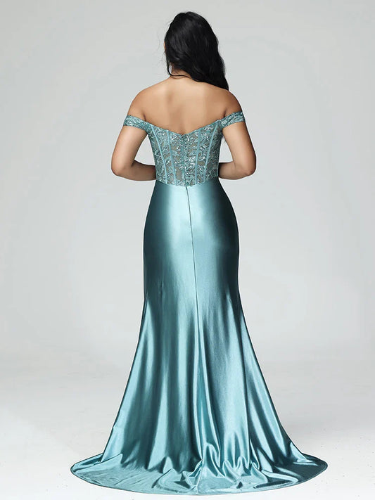 Sexy Mermaid Off The Shoulder Sleeveless Zipper Back Sweep Train Prom Dress