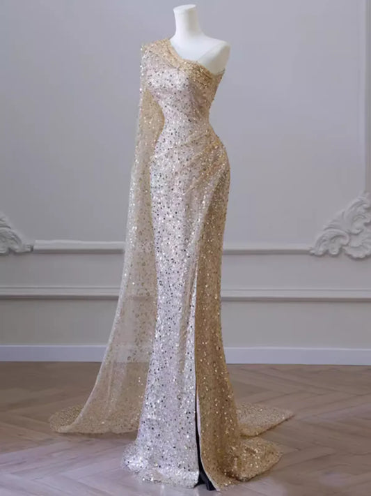 Sexy Mermaid One Shoulder Sequin Slit Floor Length Prom Dress