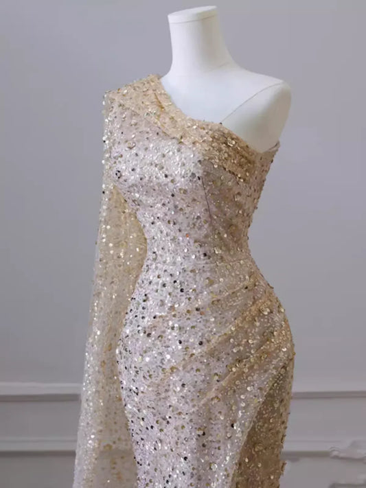 Sexy Mermaid One Shoulder Sequin Slit Floor Length Prom Dress
