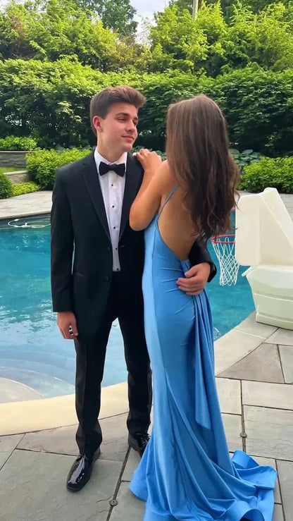 Sexy Mermaid Spaghetti Straps Neckline Backles Floor Length Blue Prom Dress