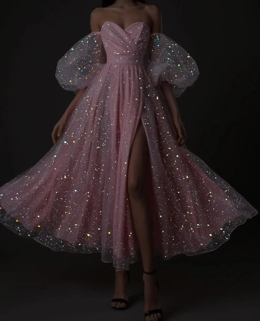 Sexy Off The Shoulder Pink Slit Knee Length Prom Dresses With Bishop Sleeve