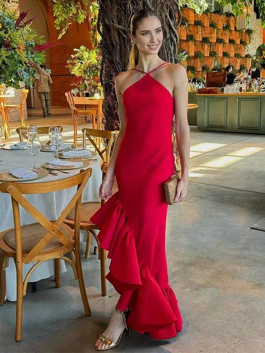 Dress Prom Dress Stores Sexy Red Halter Backless Ruffles Evening Party Dress Formal Dresses