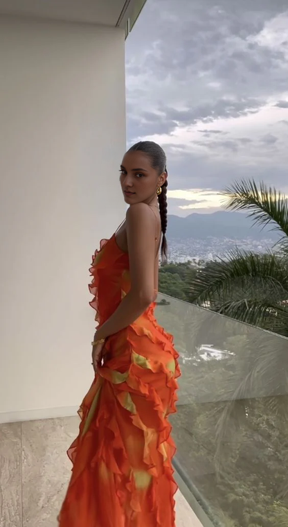 Sexy Sheath Spaghetti Straps Backless Chiffon Long Tiered Prom Dress With Slit