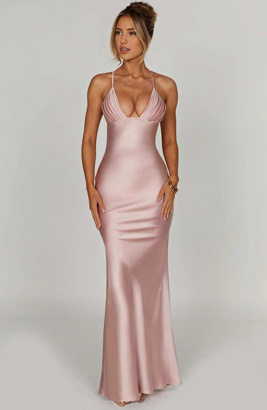 Sexy Spaghetti Strap Floor Length Evening Dress For Women Criss Cross Strap Open Back Party Bodycon Prom Dresses