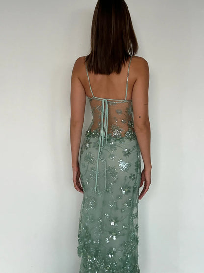 Sexy Spaghetti Straps Sleeveless Mermaid Ruffles Sequins Floor-Length Prom Gown