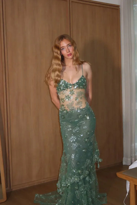Sexy Spaghetti Straps Sleeveless Mermaid Ruffles Sequins Floor-Length Prom Gown