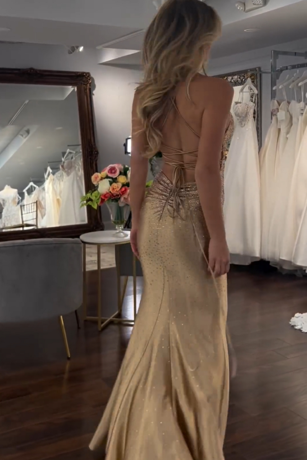 Sexy Sparkly Gold Mermaid Long Beaded Prom Dress With Split