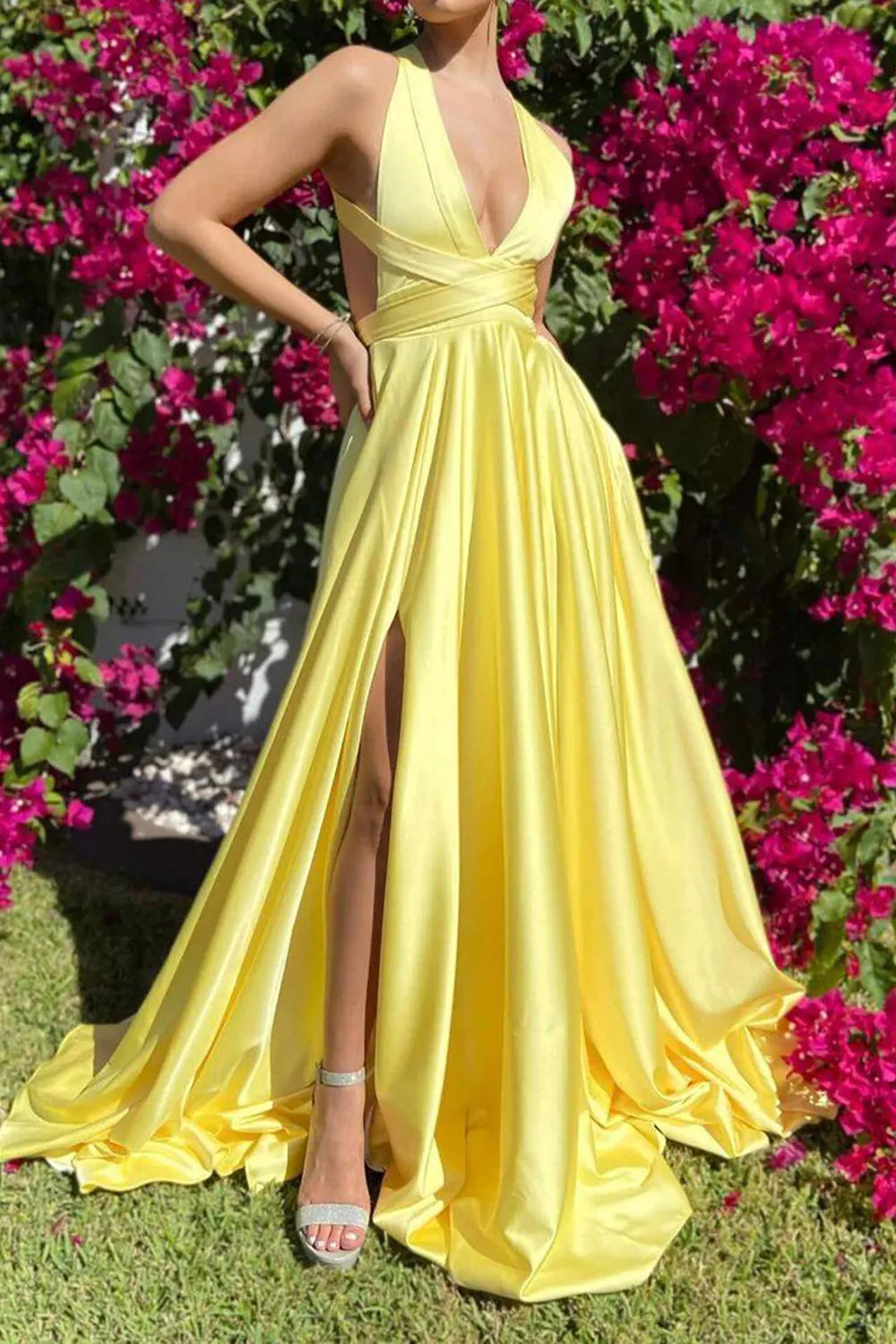 Sexy Stylish A Line Deep V Neck Yellow Slit Prom Dress with Criss Cross Back