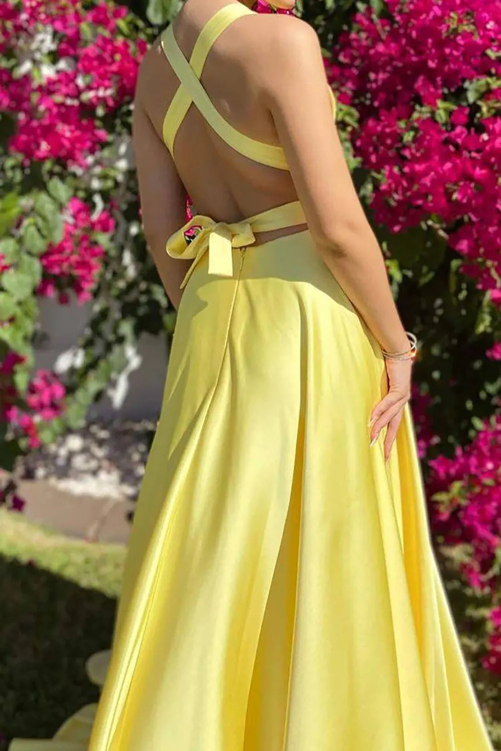 Sexy Stylish A Line Deep V Neck Yellow Slit Prom Dress with Criss Cross Back