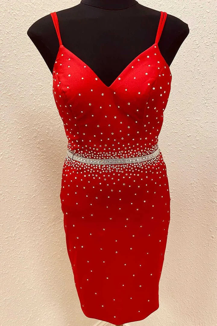 Sheath Beaded V-Neck Two Spaghetti Straps Mini Homecoming Dress