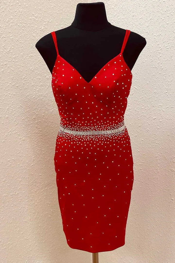 Sheath Beaded V-Neck Two Spaghetti Straps Mini Homecoming Dress