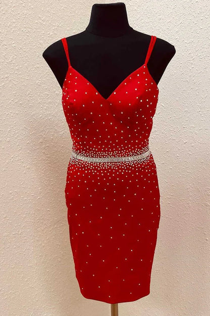 Sheath Beaded V-Neck Two Spaghetti Straps Mini Homecoming Dress