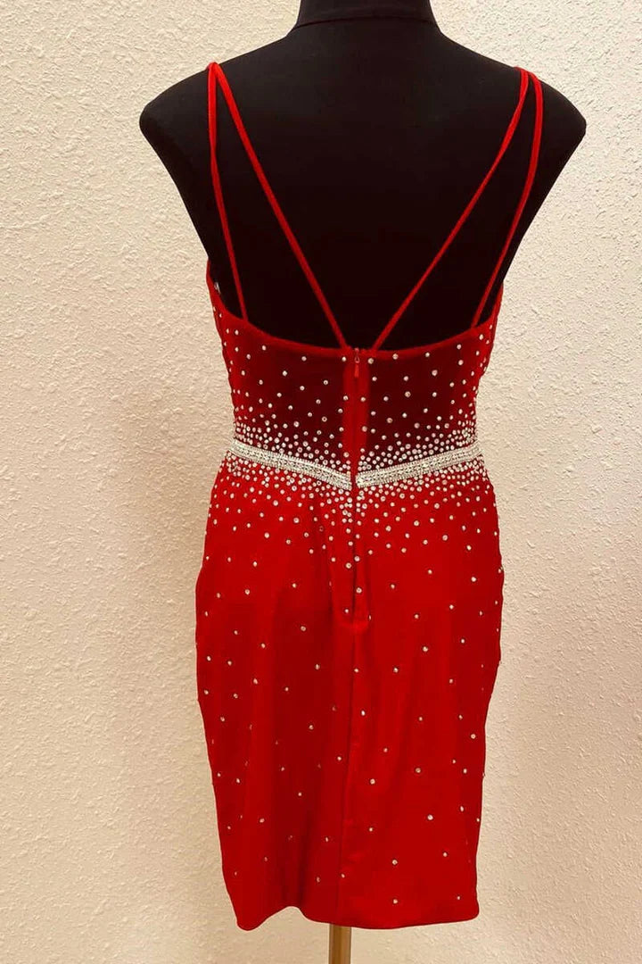 Sheath Beaded V-Neck Two Spaghetti Straps Mini Homecoming Dress