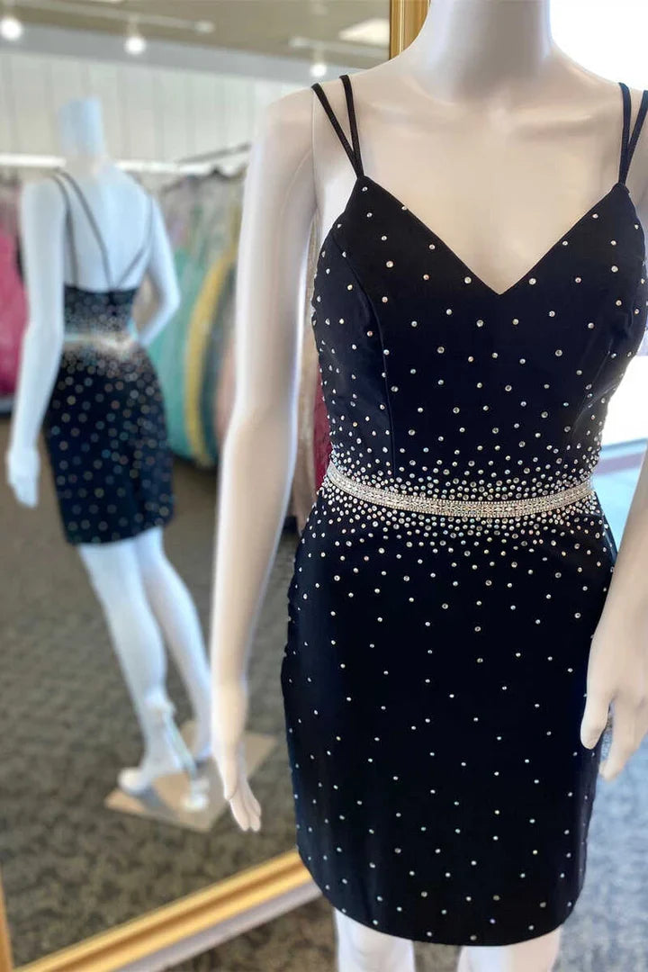 Sheath Beaded V-Neck Two Spaghetti Straps Mini Homecoming Dress