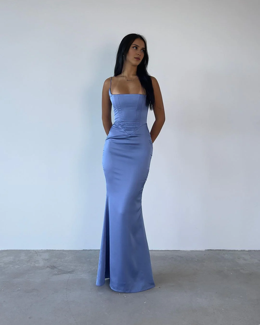 Formal Women's Dresses Spaghetti Straps Sheath Blue Satin Mermaid Long Prom Dress Prom Dresses Stores