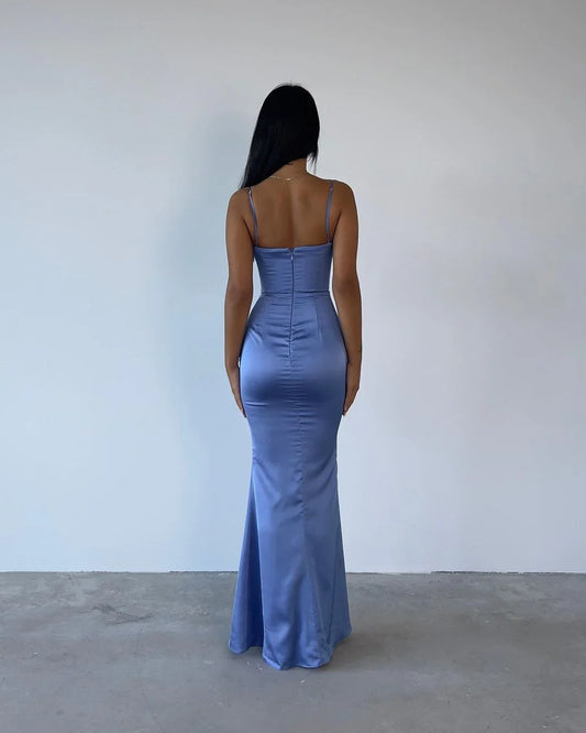 Formal Women's Dresses Spaghetti Straps Sheath Blue Satin Mermaid Long Prom Dress Prom Dresses Stores