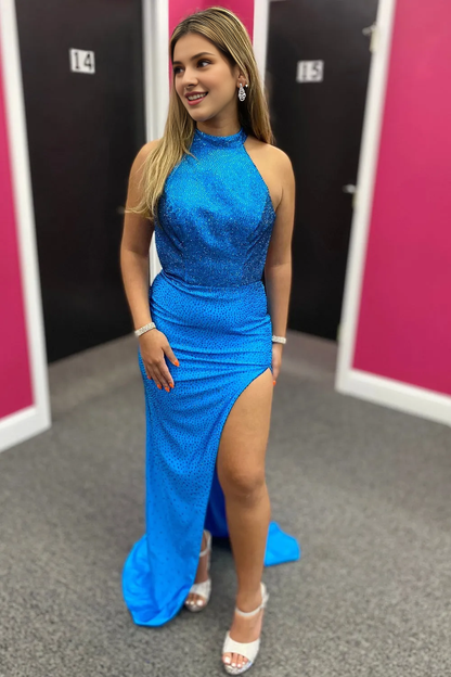 Sheath Halter Hot Pink Beading Sleeveless Slit Prom Dress With Open Back