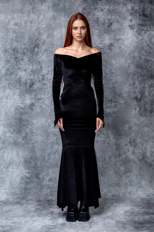 Sheath Off Shoulder Velvet Long Sleeves V Neck Mermaid Bridesmaid Prom Dress