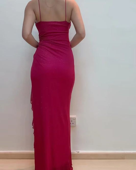 Formal Women's Dresses Spaghetti Straps Rose Red Sheath Ruffled Long Prom Dresses Prom Dresses Stores