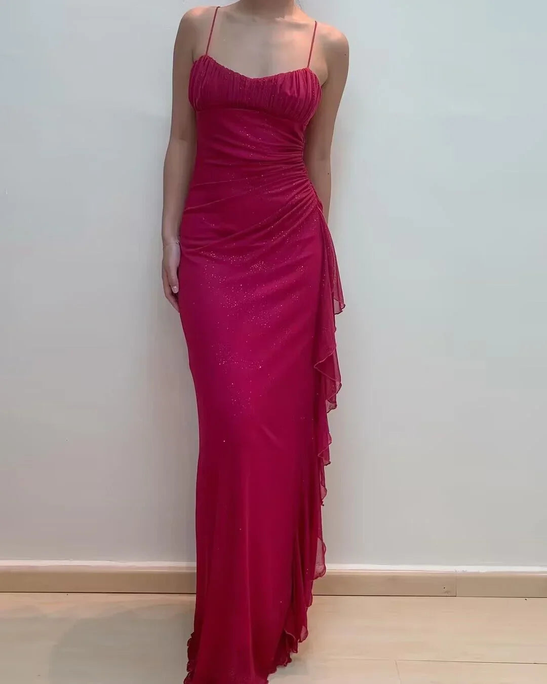 Formal Women's Dresses Spaghetti Straps Rose Red Sheath Ruffled Long Prom Dresses Prom Dresses Stores