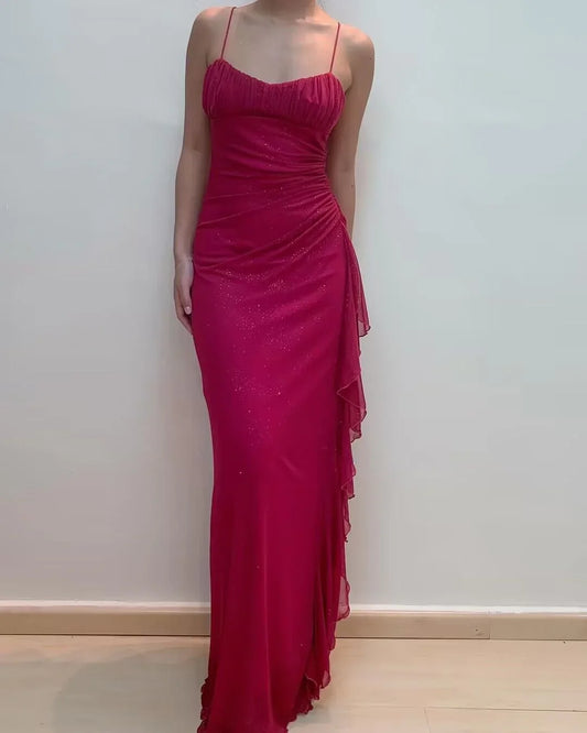 Formal Women's Dresses Spaghetti Straps Rose Red Sheath Ruffled Long Prom Dresses Prom Dresses Stores