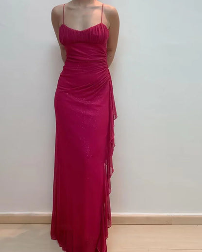 Formal Women's Dresses Spaghetti Straps Rose Red Sheath Ruffled Long Prom Dresses Prom Dresses Stores