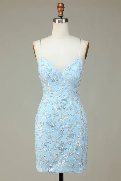 Sheath Sequins Beaded Flowers Tight Short Homecoming Dress