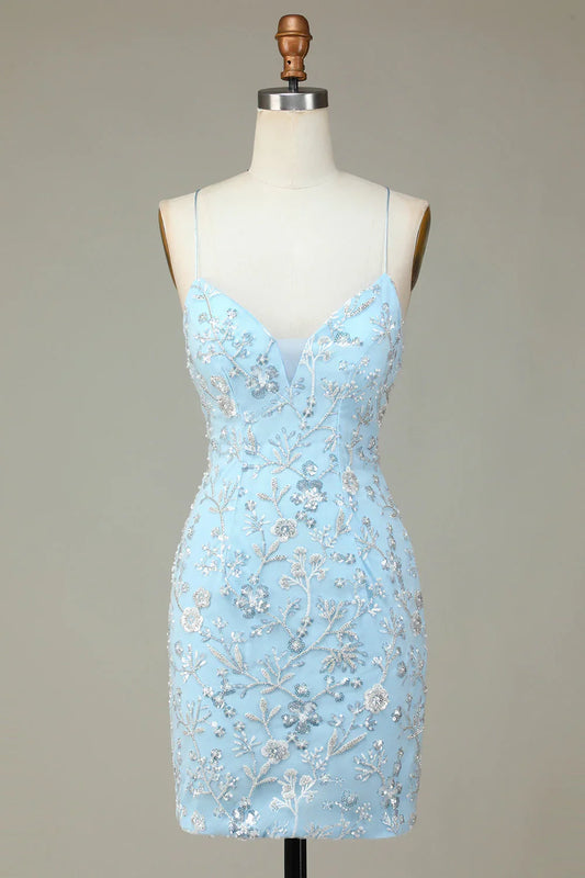 Sheath Sequins Beaded Flowers Tight Short Homecoming Dress