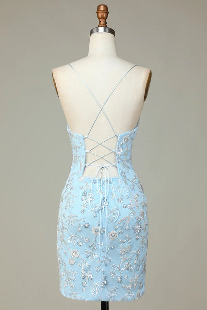 Sheath Sequins Beaded Flowers Tight Short Homecoming Dress