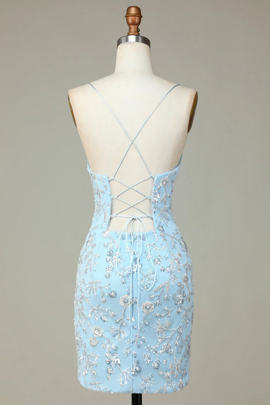 Sheath Sequins Beaded Flowers Tight Short Homecoming Dress