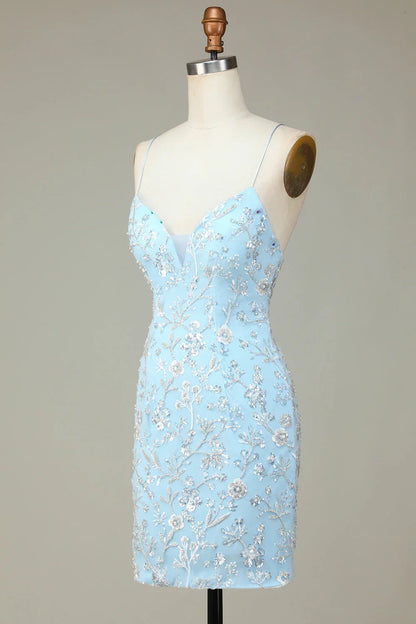 Sheath Sequins Beaded Flowers Tight Short Homecoming Dress