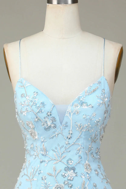 Sheath Sequins Beaded Flowers Tight Short Homecoming Dress