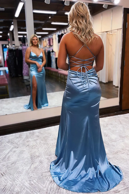 Sheath Spaghetti Straps Lace Up Long Prom Dress With Silt