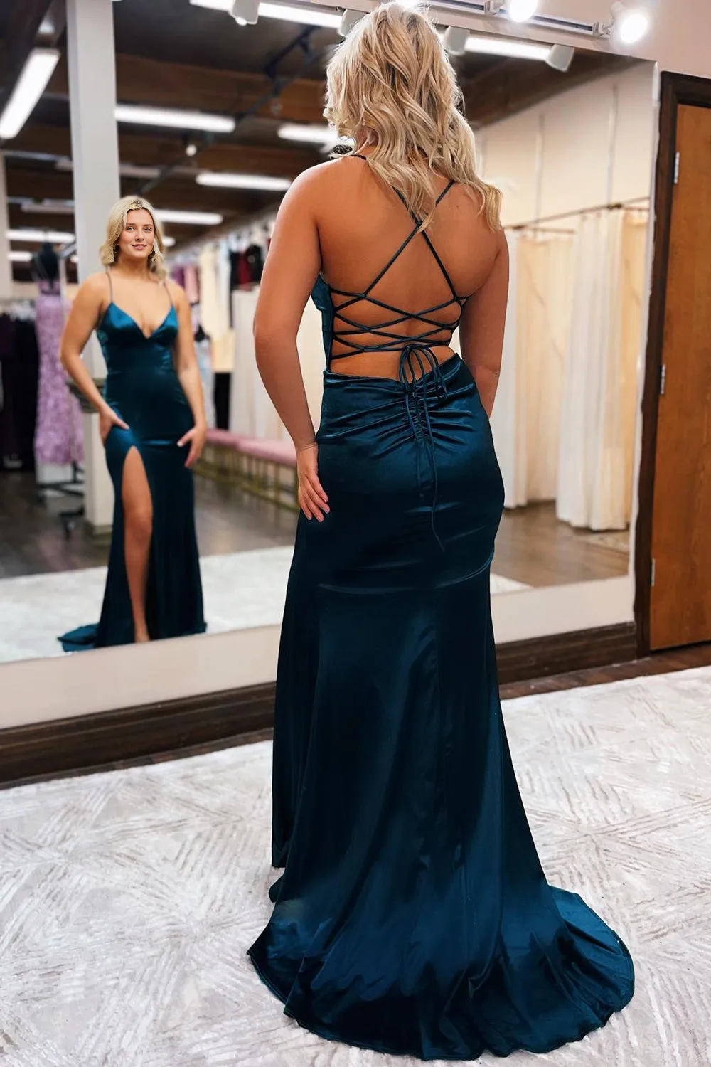 Sheath Spaghetti Straps Lace Up Long Prom Dress With Silt