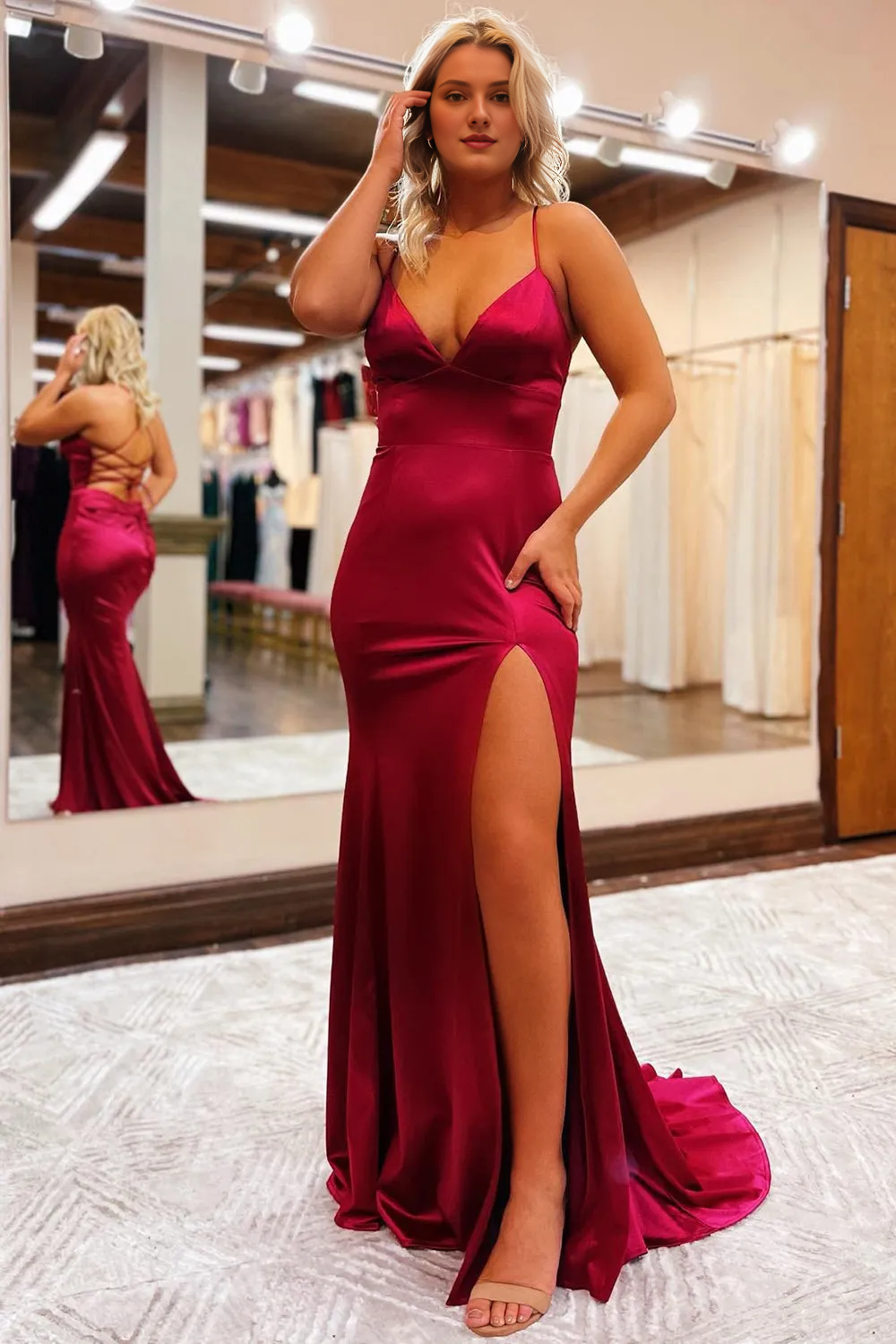 Sheath Spaghetti Straps Lace Up Long Prom Dress With Silt