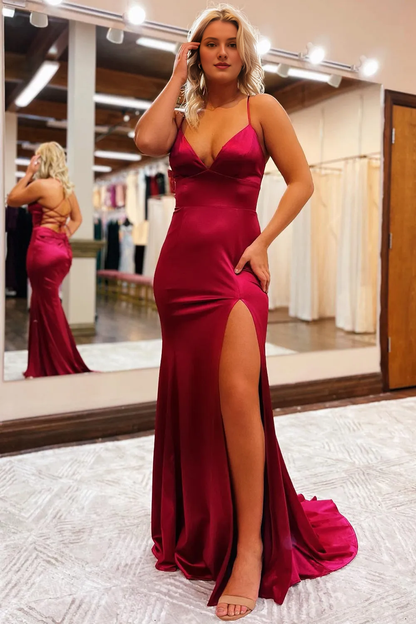 Sheath Spaghetti Straps Lace Up Long Prom Dress With Silt
