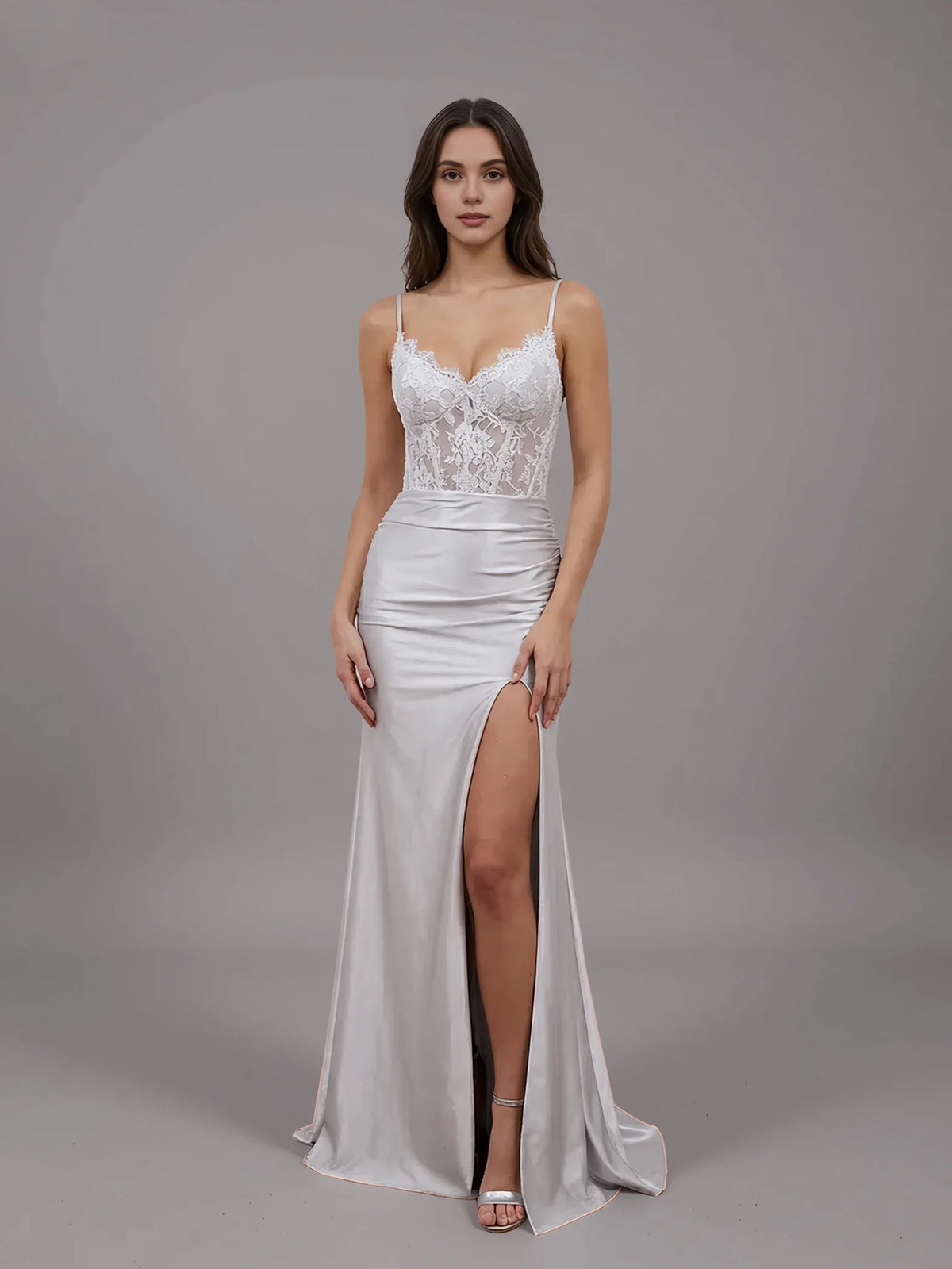 Sheer Empire Mermaid Spaghetti Strap Lace Applique Slit Satin Prom Gown
