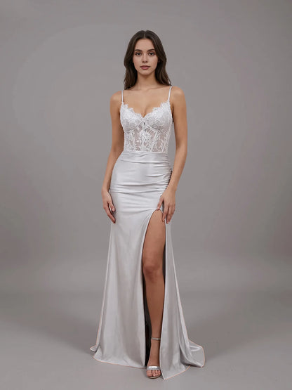Sheer Empire Mermaid Spaghetti Strap Lace Applique Slit Satin Prom Gown