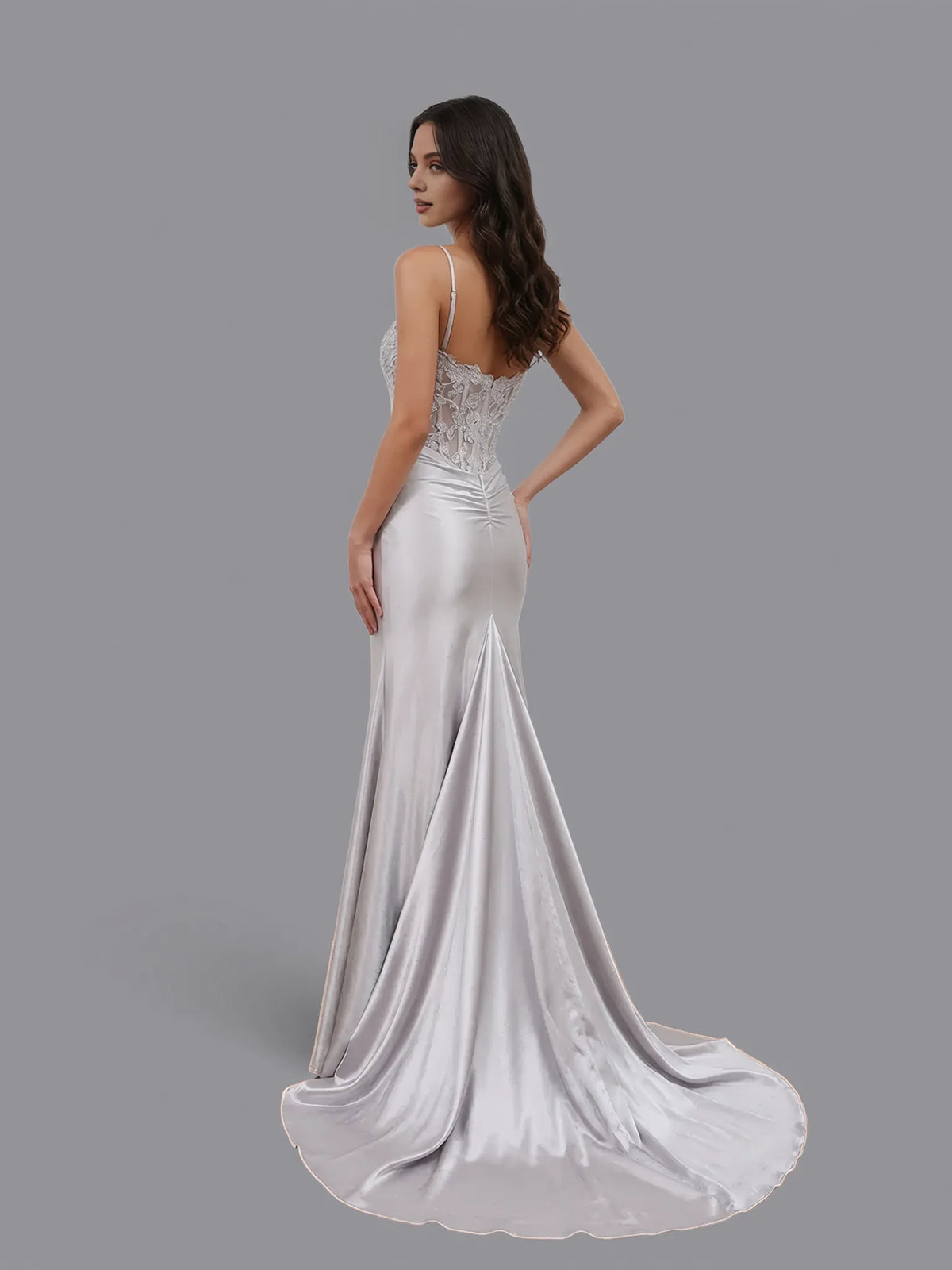 Sheer Empire Mermaid Spaghetti Strap Lace Applique Slit Satin Prom Gown
