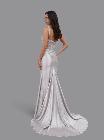 Sheer Empire Mermaid Spaghetti Strap Lace Applique Slit Satin Prom Gown
