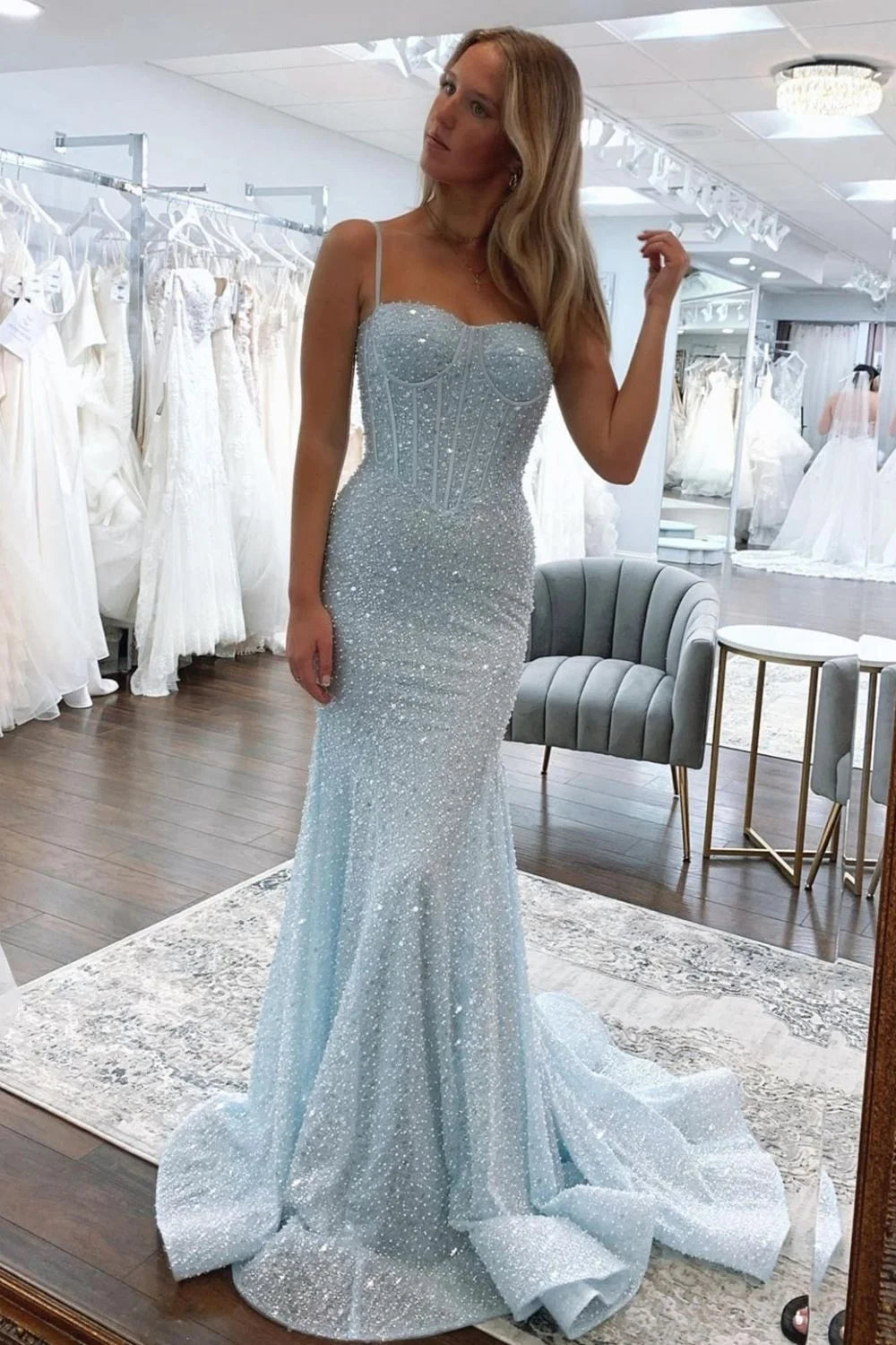 Light‑Blue Beaded Mermaid Sweetheart Corset Spaghetti‑Strap Open‑Back Sweep‑Train Prom Dress For Gala