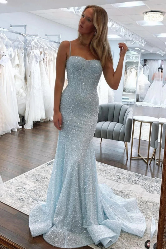 Light‑Blue Beaded Mermaid Sweetheart Corset Spaghetti‑Strap Open‑Back Sweep‑Train Prom Dress For Gala
