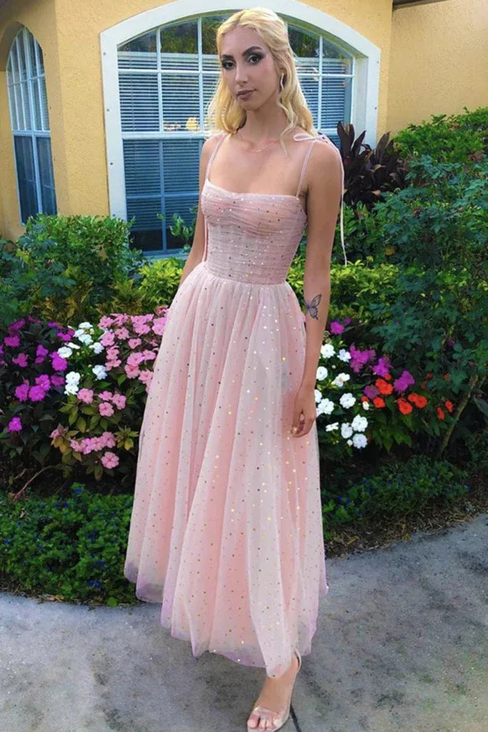Shiny Spaghetti Straps Sleeveless A-Line Sequins Tulle Ankle-Length Prom Dress