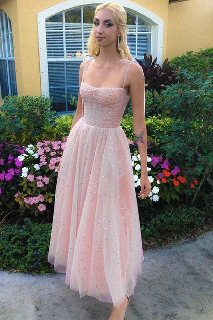 Shiny Spaghetti Straps Sleeveless A-Line Sequins Tulle Ankle-Length Prom Dress