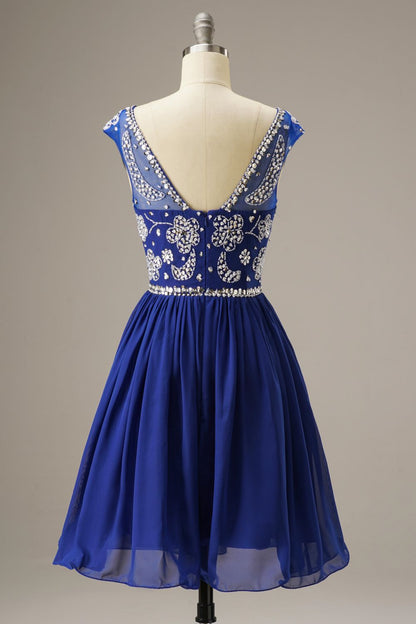 Short-Mini Cap Sleeves Homecoming Dresses WIth Beading