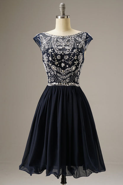 Short-Mini Cap Sleeves Homecoming Dresses WIth Beading