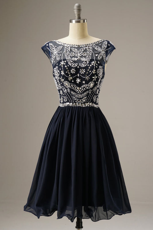 Short-Mini Cap Sleeves Homecoming Dresses WIth Beading
